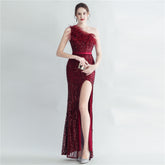 Heavy Industry Ostrich Hair Craft Bundle Hair Oblique Shoulder Side Slit High End Evening Dress